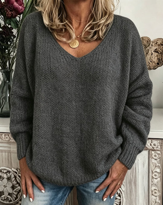 Damen Legerer V-Ausschnitt Pullover aus feiner Waffelstrickstruktur mit überschnittener Schulter Shop Nory
