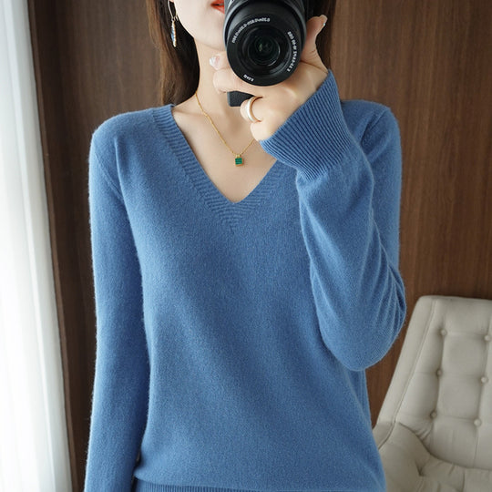 Damen Weicher V-Ausschnitt Kaschmirmix-Pullover mit feinen Rippbündchen Shop Nory