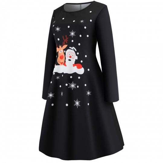 Damen Festliches A-Linien-Kleid mit Weihnachtsprint, Langarm und ausgestelltem Rock Shop Nory