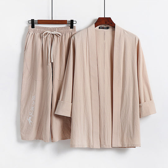 Damen Kimono-Set aus leichter Baumwollmischung offene Jacke mit lässig gekrempelten Ärmeln und weiter Haremshose mit Kordelzug Shop Nory
