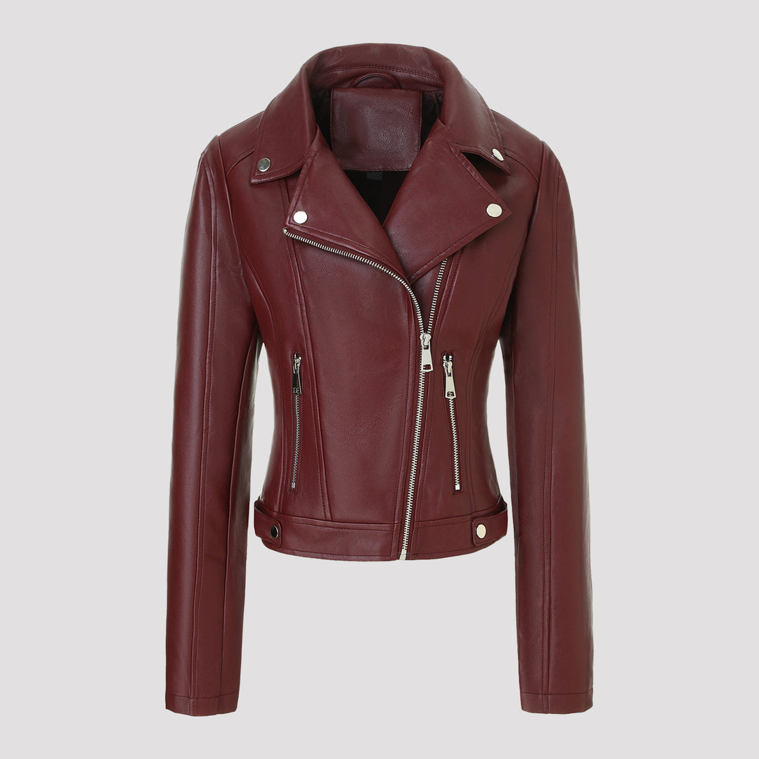Damen Kurz geschnittene taillierte Bikerjacke aus Nappaleder mit asymmetrischem Reißverschluss Shop Nory