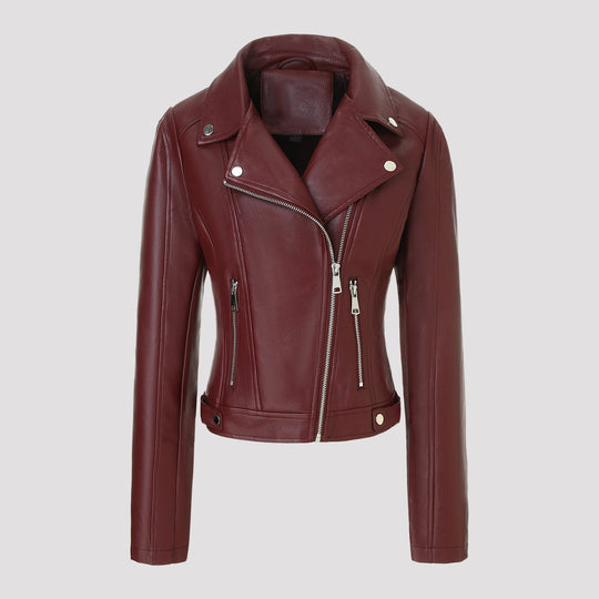 Damen Kurz geschnittene taillierte Bikerjacke aus Nappaleder mit asymmetrischem Reißverschluss Shop Nory