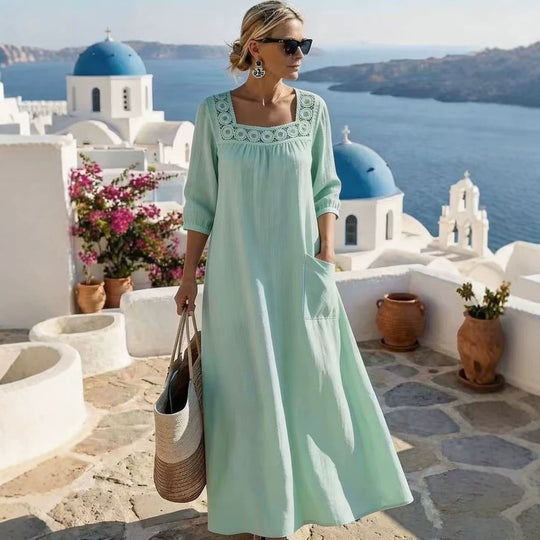 Damen Maxikleid mit gehäkeltem Quadrat-Ausschnitt, dreiviertel Ärmeln und Eingrifftasche Shop Nory