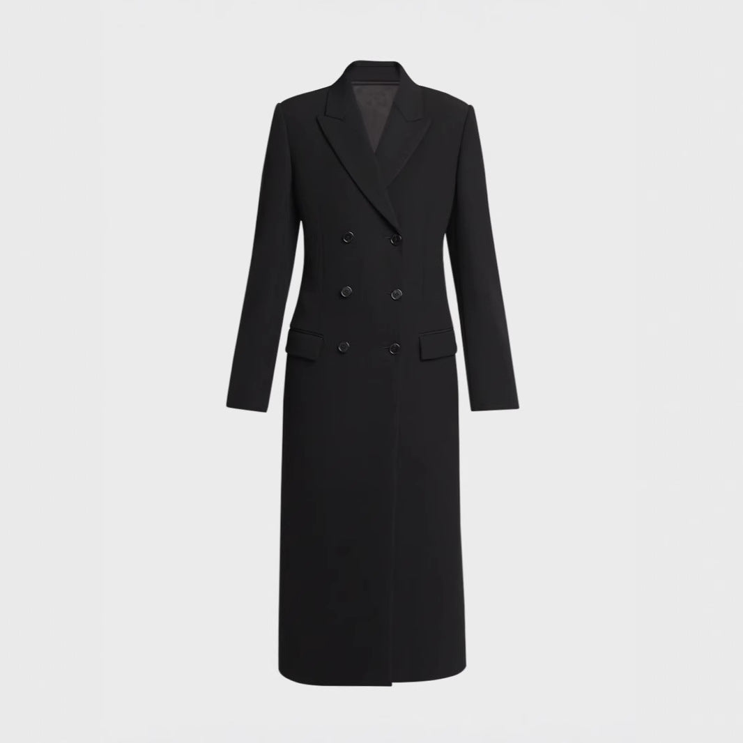 Damen Midilanger Doppelreihiger Blazer‑Mantel mit strukturierter Schulter und schlanker Passform Shop Nory