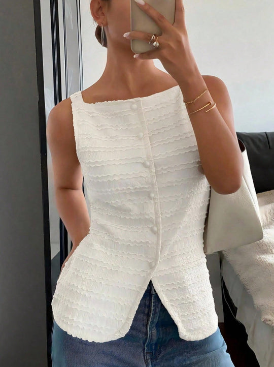 Damen Ärmelloses Struktur-Top mit Zierknopfleiste und Vorder‑Schlitz Shop Nory