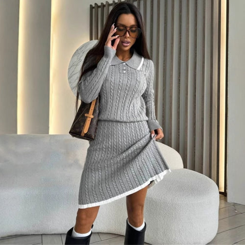 Damen Zweiteiliges Zopfstrick-Kleid mit Taillenbund und Polokragen Shop Nory