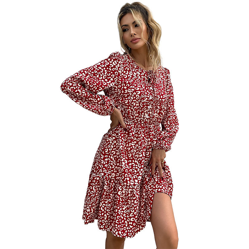 Damen Leoprint-Volantkleid mit Bindeschleife, Gummizugtaillen und langen Ärmeln Shop Nory
