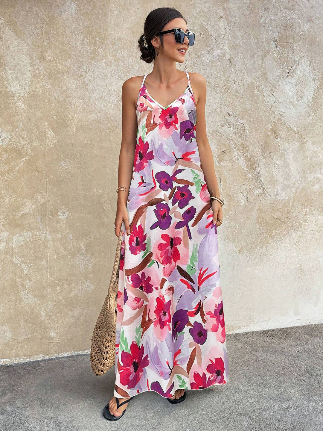 Damen Fließendes Maxikleid mit Spaghettiträgern, V-Ausschnitt und sommerlicher Leinenoptik Shop Nory