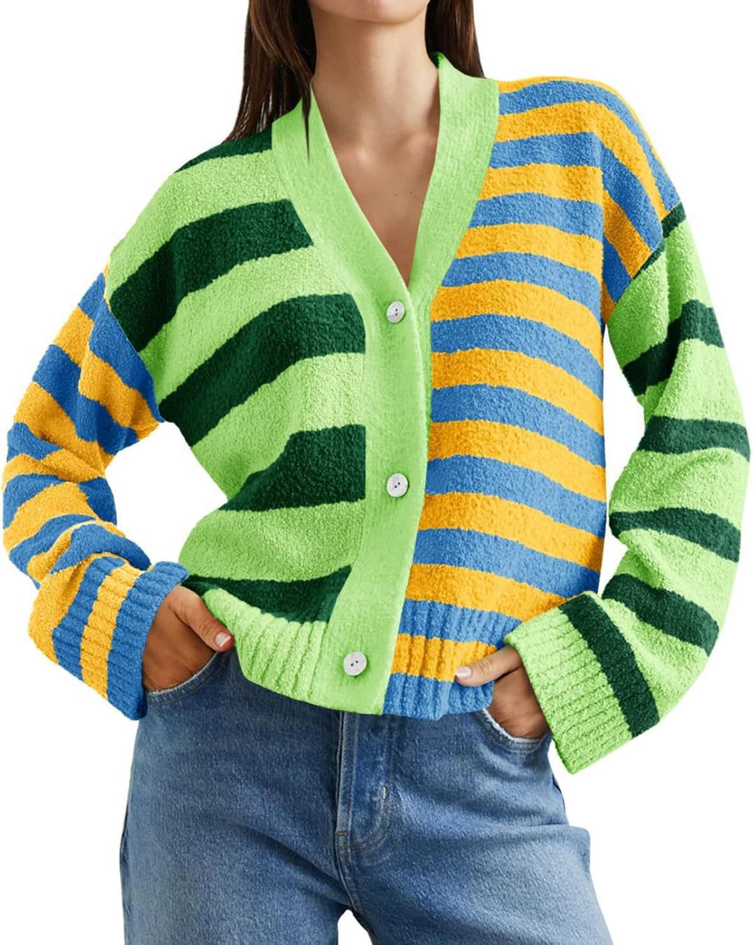 Damen lockerer gestreifter Frottee-Cardigan mit V-Ausschnitt und Knopfleiste Shop Nory