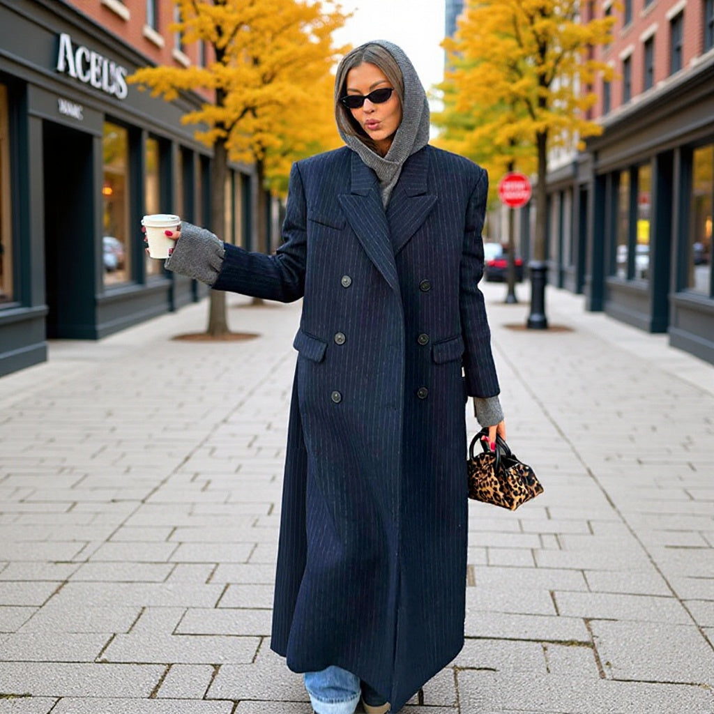 Damen Maximaler Oversize-Mantel im Nadelstreifen-Look mit doppelreihiger Knopfleiste und langen Silhouette Shop Nory