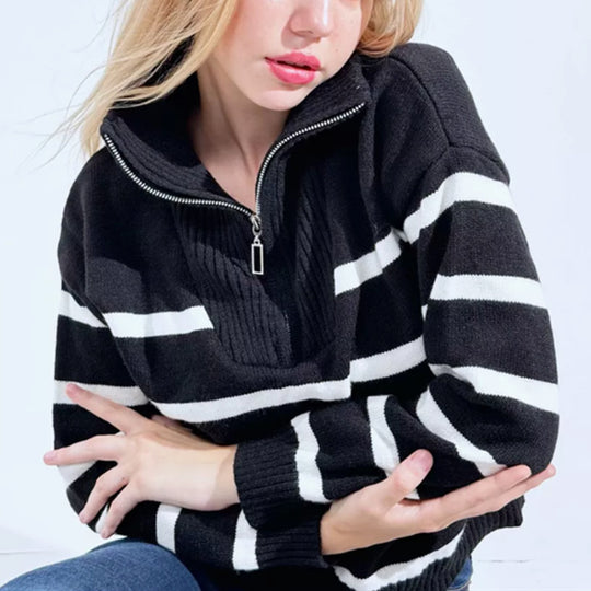 Damen Gestreifter Strickpullover mit kurzem Reißverschluss und Polokragen Shop Nory