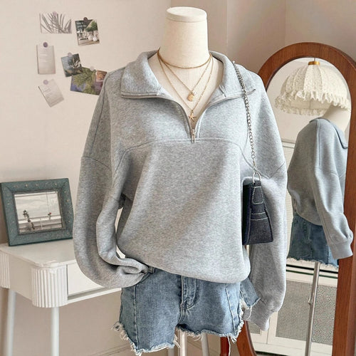 Damen nan Oversize Sweatshirt mit halbem Reißverschluss, Stehkragen und Ballonärmeln Shop Nory