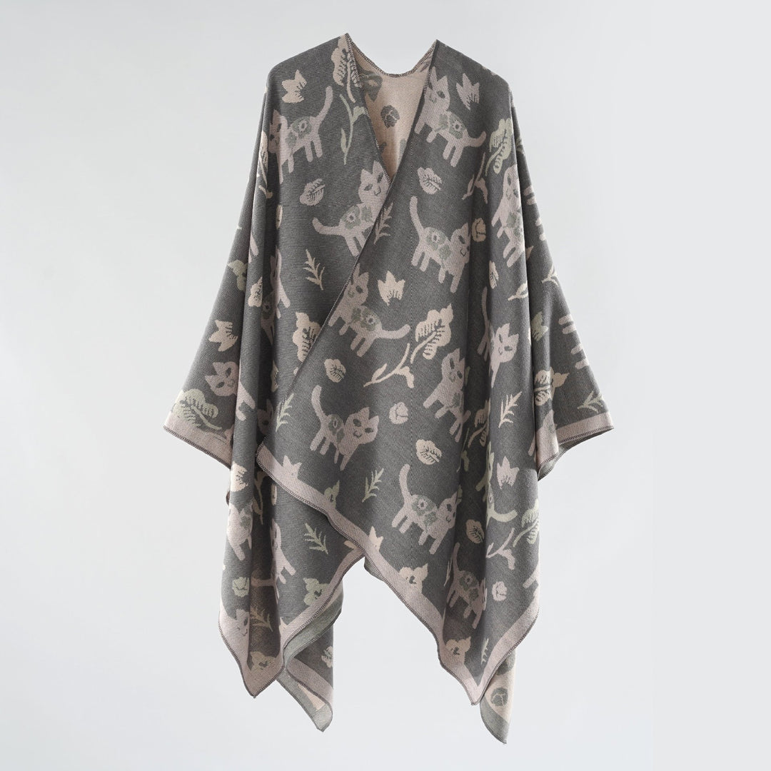 Damen Oversized Ruana im Jacquard mit Katzen- & Blumenmotiv Shop Nory