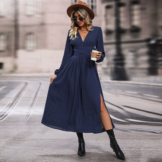 Damen Langes Viskose-Maxikleid mit Wickel-Taille, tiefem V‑Ausschnitt und hohem Beinschlitz Shop Nory