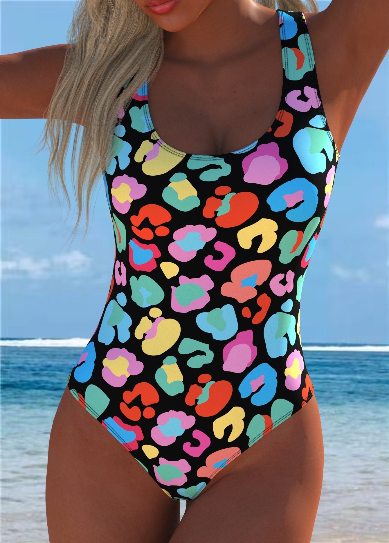 Damen einteiliger Badeanzug mit buntem Leopardenmuster und sportlichem Schnitt Shopnory