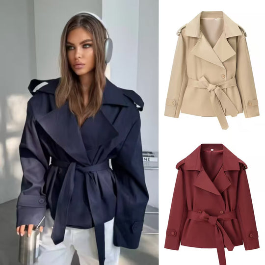 Damen Kurztrench mit überschnittenen Schultern, großem Reverskragen und Wickelgürtel Shop Nory
