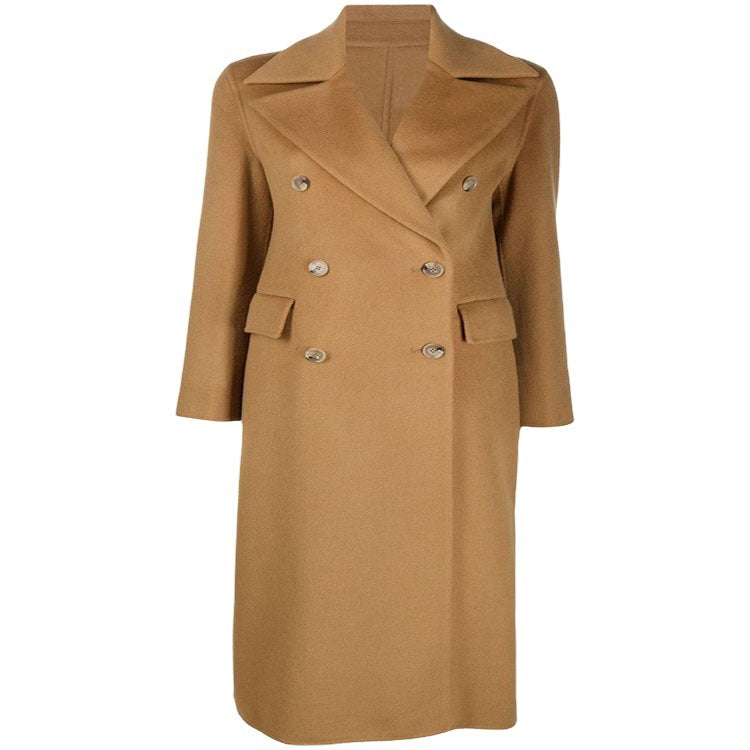 Damen Bodenlanger Zweireihiger Wollmix-Longcoat mit dezentem Gehschlitz und breitem Schalkragen Shop Nory