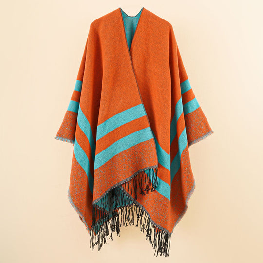 Damen Oversize-Ruana aus Wollmix mit kontrastierten Querstreifen und Fransensaum Shop Nory