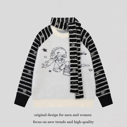 Damen Weicher Fluffy‑Strickpullover mit integrierter Schlauchschal und Manga‑Illustration Shop Nory
