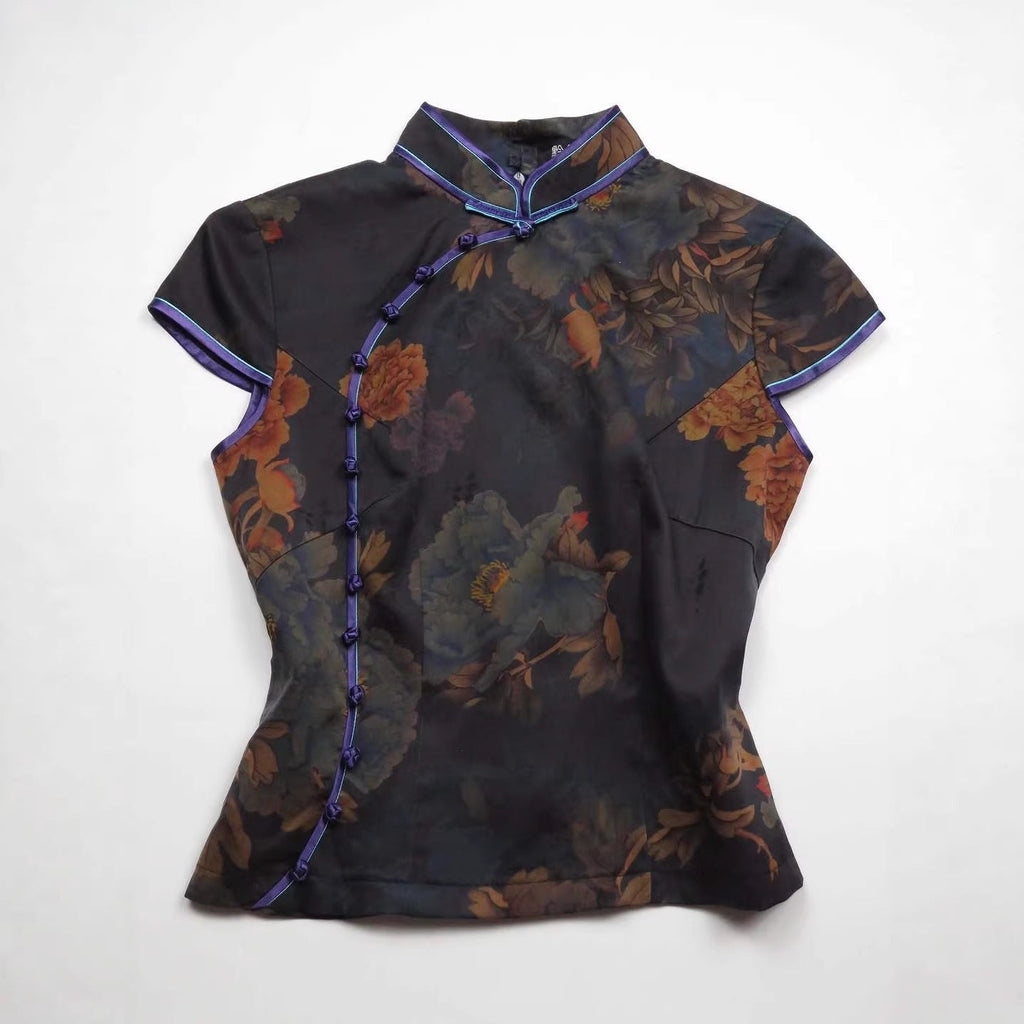Damen Chinesische Seidenbluse mit floralem Muster Shopnory