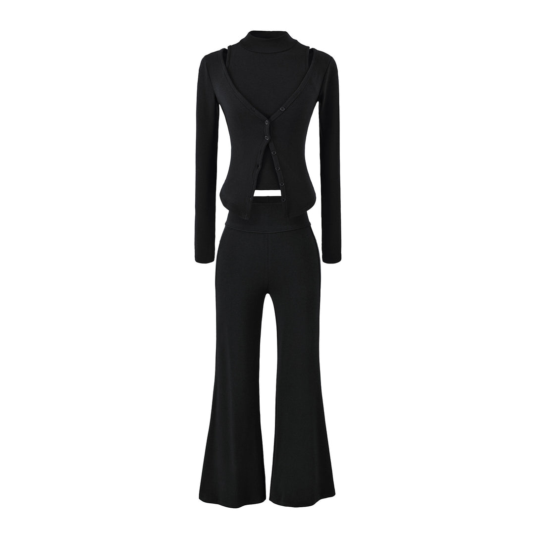 Damen Figurbetontes Layering-Set mit Rollkragen-Longsleeve und asymmetrischer Knopfjacke und ausgestellter High-Waist Hose Shop Nory