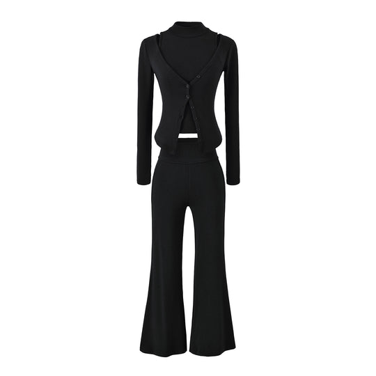 Damen Figurbetontes Layering-Set mit Rollkragen-Longsleeve und asymmetrischer Knopfjacke und ausgestellter High-Waist Hose Shop Nory