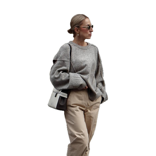 Damen Oversize Strukturstrick-Pullover mit überlangen Ballonärmeln und Rundhalsausschnitt Shop Nory