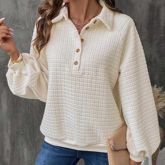 Damen Strukturpullover mit Polokragen, Knopfleiste und Karomuster Shop Nory