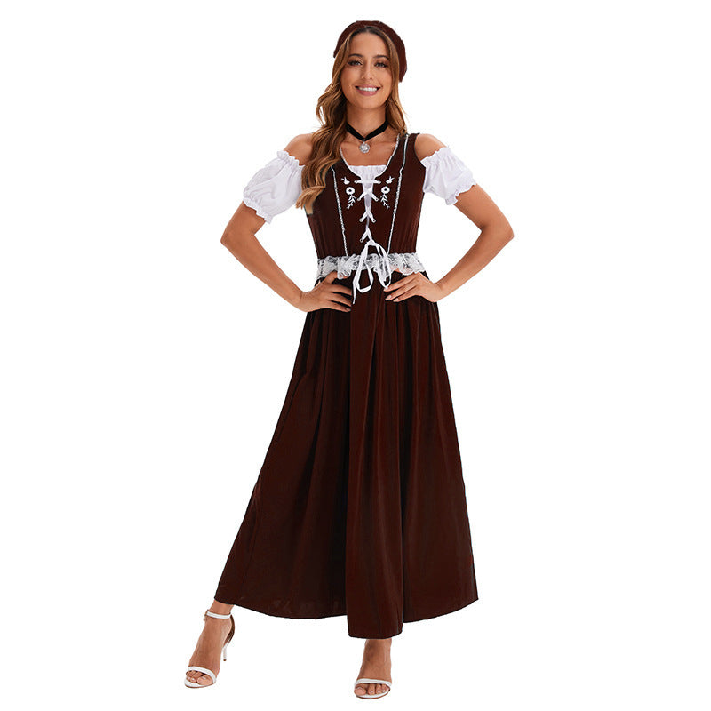 Damen nan langes Trachtenkleid im Dirndlstil mit Corsage-Schnürung und Spitzenbund Shop Nory