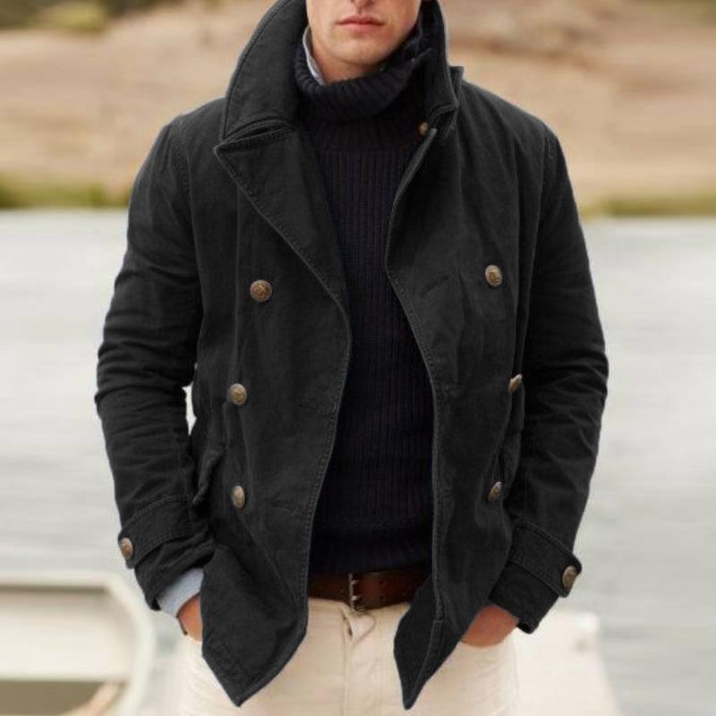 Herren Doppelreihiger Baumwoll-Peacoat mit Marineknöpfen und Stehkragen Shop Nory