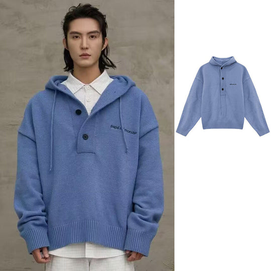 Herren Oversized Strickpullover mit Kapuze und Knopfleiste Shop Nory