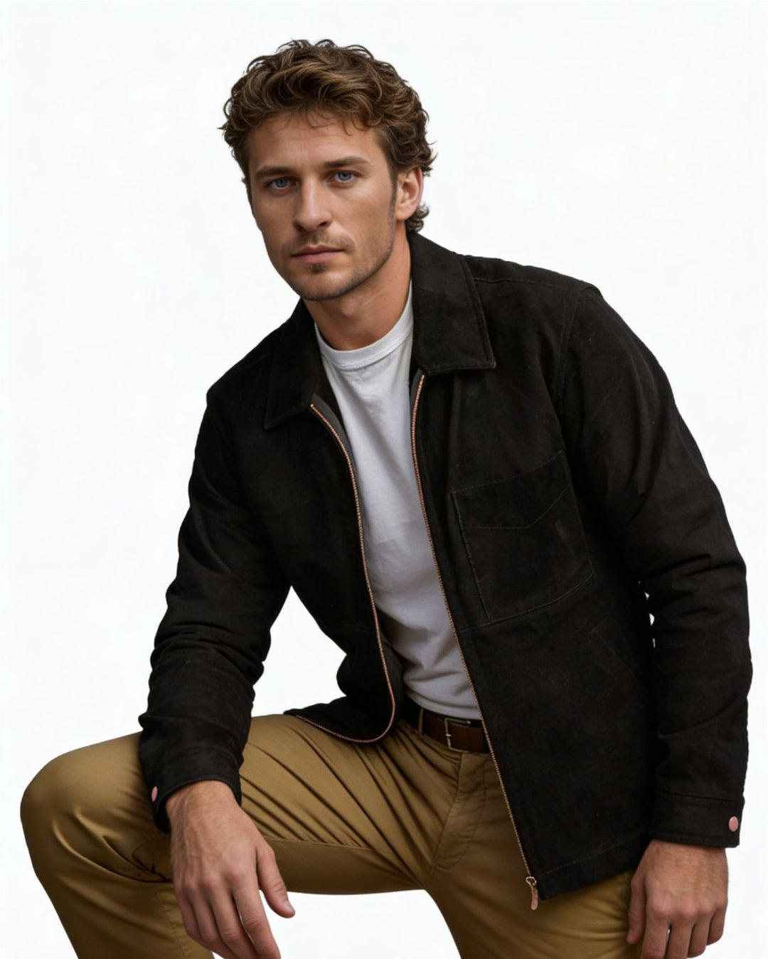 Herren Velourslederjacke mit Reißverschluss und Hemdkragen Shop Nory