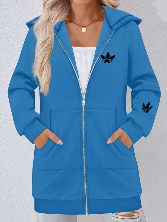 Damen Lange Kapuzen-Sweatjacke mit Metallreißverschluss, Kängurutaschen und figurumspielender Silhouette Shop Nory