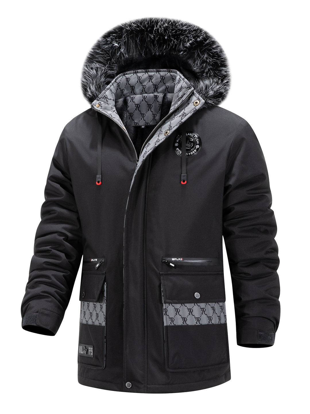 Herren Langer Thermo-Parka mit Kapuze, Logo-Innenfutter und Multifunktions-Taschen Shop Nory