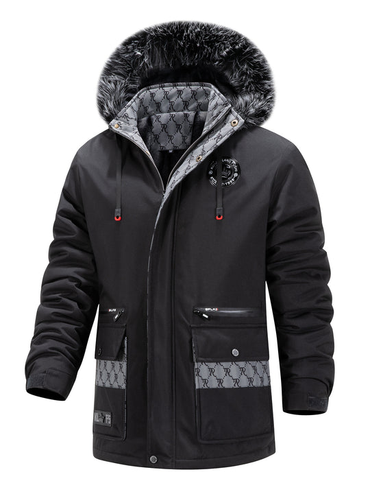 Herren Langer Thermo-Parka mit Kapuze, Logo-Innenfutter und Multifunktions-Taschen Shop Nory