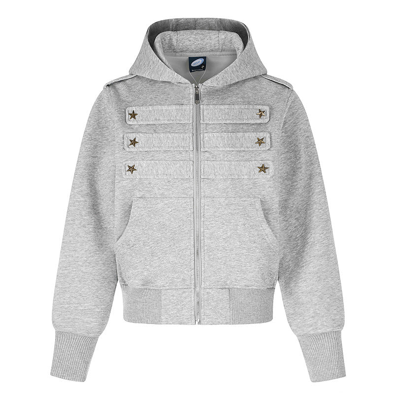 Damen Kurz geschnittene Kapuzen-Sweatjacke im Military-Camo mit dekorativen Stern‑Strapdetails Shop Nory