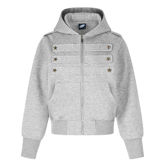 Damen Kurz geschnittene Kapuzen-Sweatjacke im Military-Camo mit dekorativen Stern‑Strapdetails Shop Nory