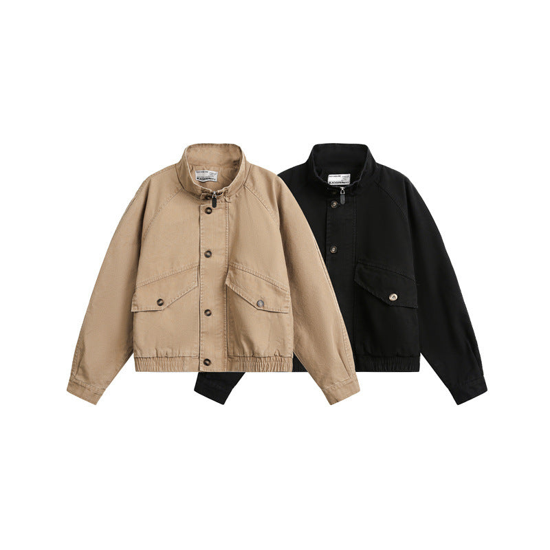 Unisex Kurz geschnittener Boxy-Canvas-Blousonjacke mit Funnelkragen, Aufgesetzten Klappentaschen und Elastischem Saum Shop Nory