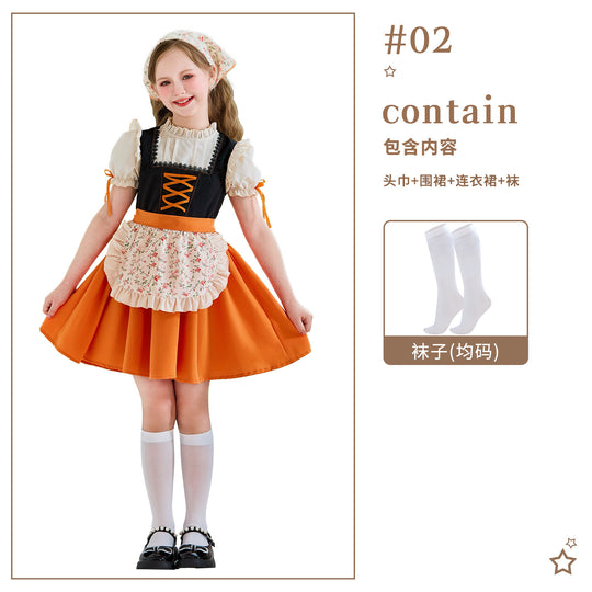 Damen nan traditionelles Kinderdirndl mit Schnürung, Rüschenschürze und Kopftuch Shop Nory
