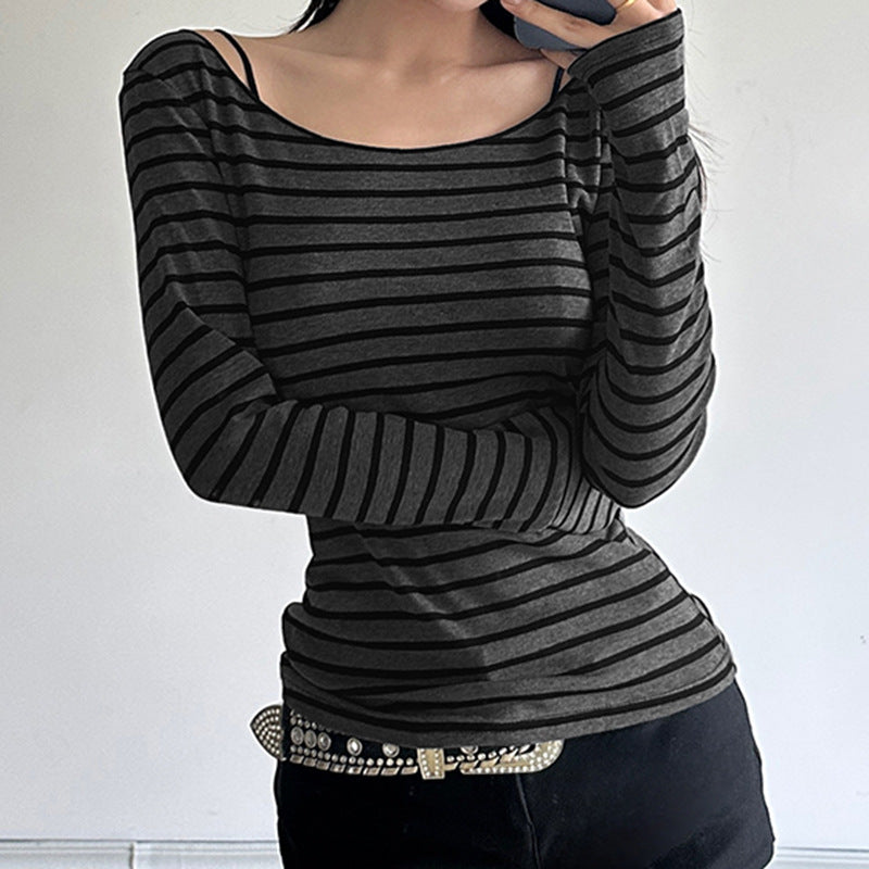 Damen nan schulterfreies gestreiftes Langarmshirt mit weitem U-Boot-Ausschnitt und figurbetonter Taillierung Shop Nory