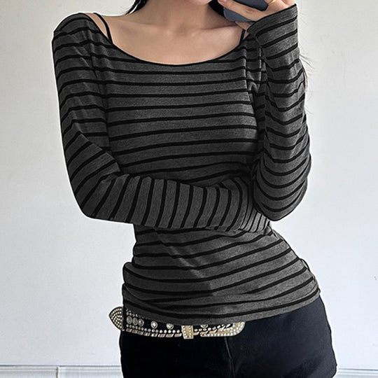 Damen nan schulterfreies gestreiftes Langarmshirt mit weitem U-Boot-Ausschnitt und figurbetonter Taillierung Shop Nory