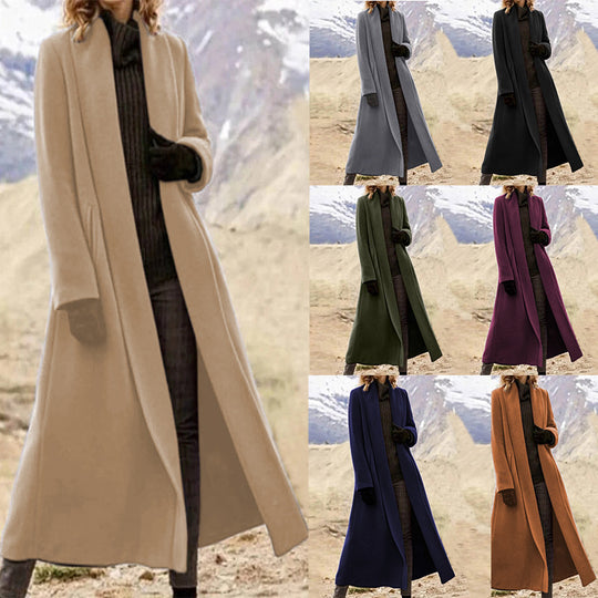 Damen eleganter langer Wollmix-Mantel mit offenem Fall und seitlichen Eingrifftaschen Shop Nory