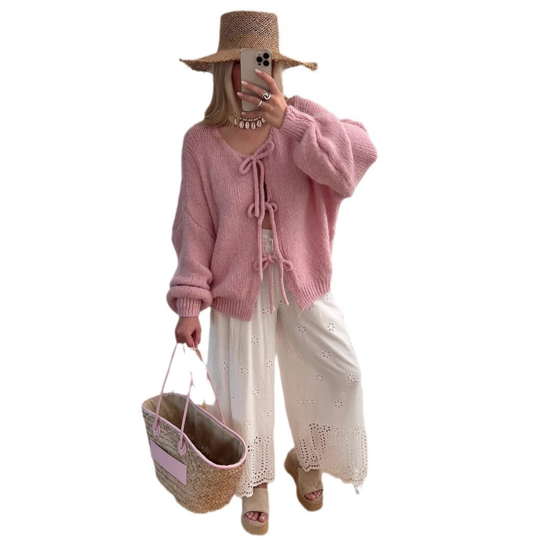 Damen Grobgestrickter Offener Cardigan mit Bindebändern, Oversize‑Silhouette und Raglanärmeln Shop Nory