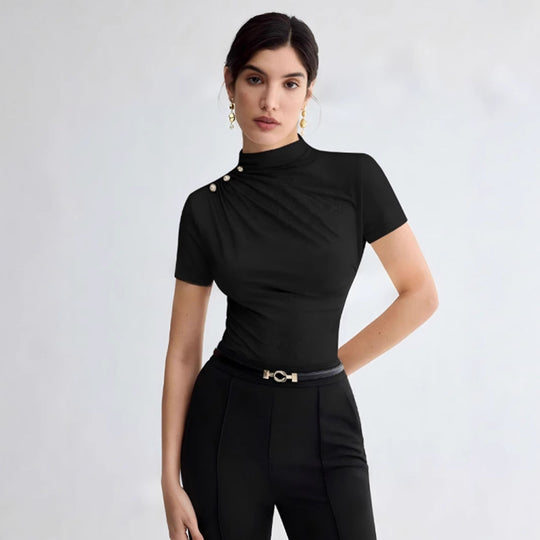 Damen elegantes Oberteil mit dekorativen Knopfdetails und modernem Stehkragen