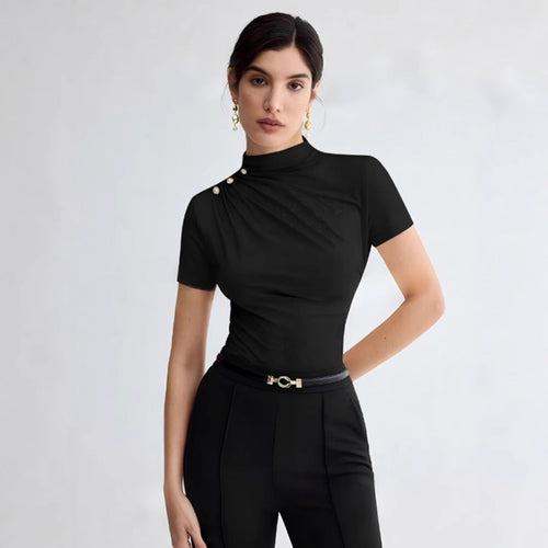 Damen elegantes Oberteil mit dekorativen Knopfdetails und modernem Stehkragen