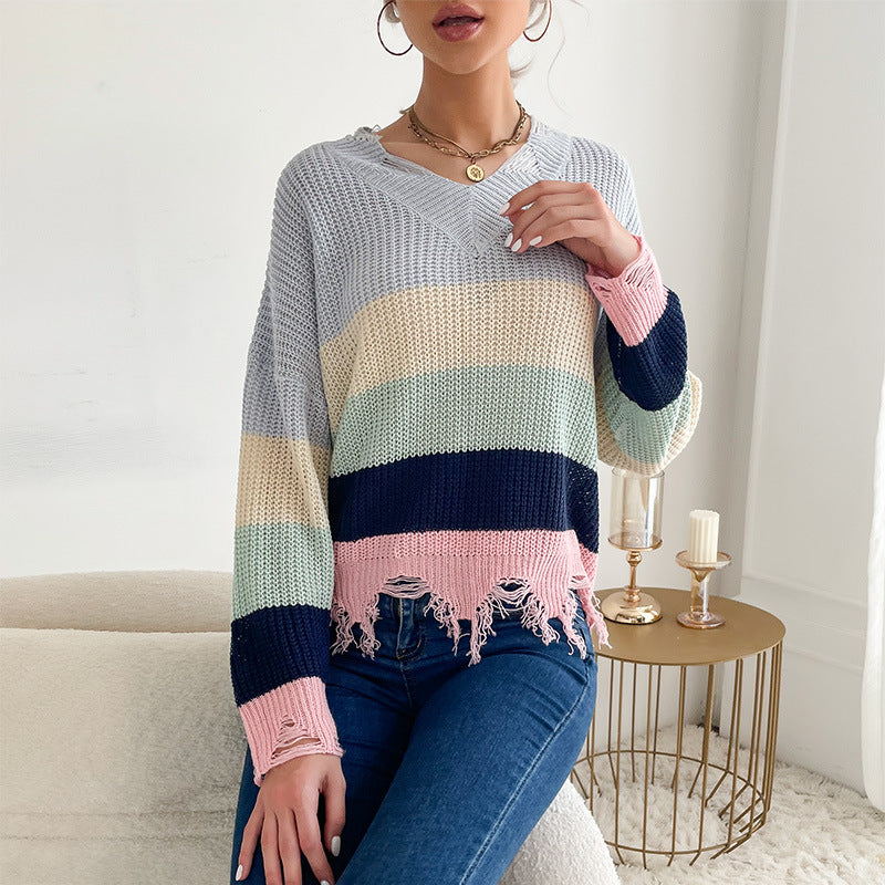 Damen Oversize Strickpullover mit V‑Ausschnitt, Streifenmuster und ausgefranstem Saum Shop Nory