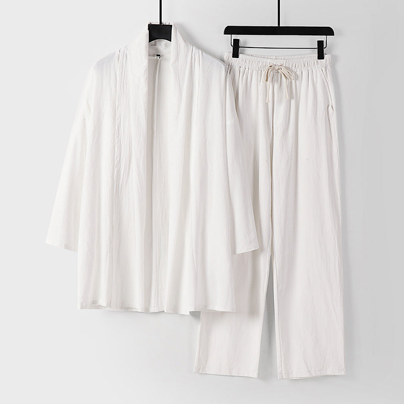 Unisex Lässiges Kimono-Zweiteiler aus atmungsaktivem Leinen-Viskose mit offenem Schalkragen und Kordelbundhose Shop Nory