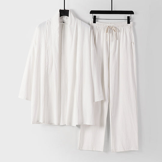 Unisex Lässiges Kimono-Zweiteiler aus atmungsaktivem Leinen-Viskose mit offenem Schalkragen und Kordelbundhose Shop Nory