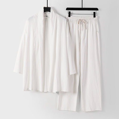 Unisex Lässiges Kimono-Zweiteiler aus atmungsaktivem Leinen-Viskose mit offenem Schalkragen und Kordelbundhose Shop Nory
