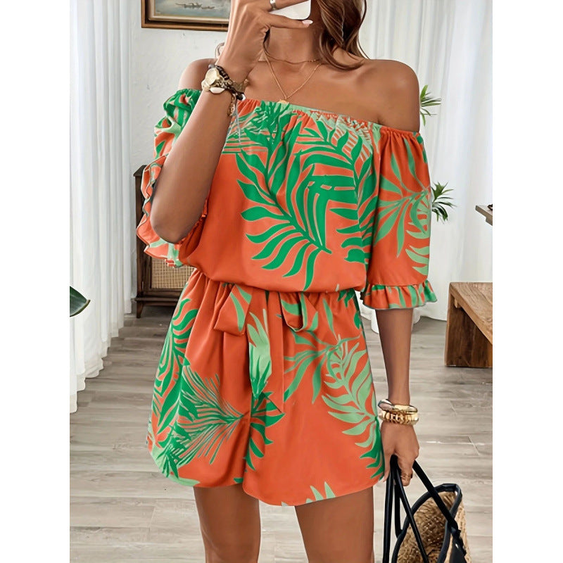 Damen Off-Shoulder Jumpsuit mit floralem Design und elastischem Bund